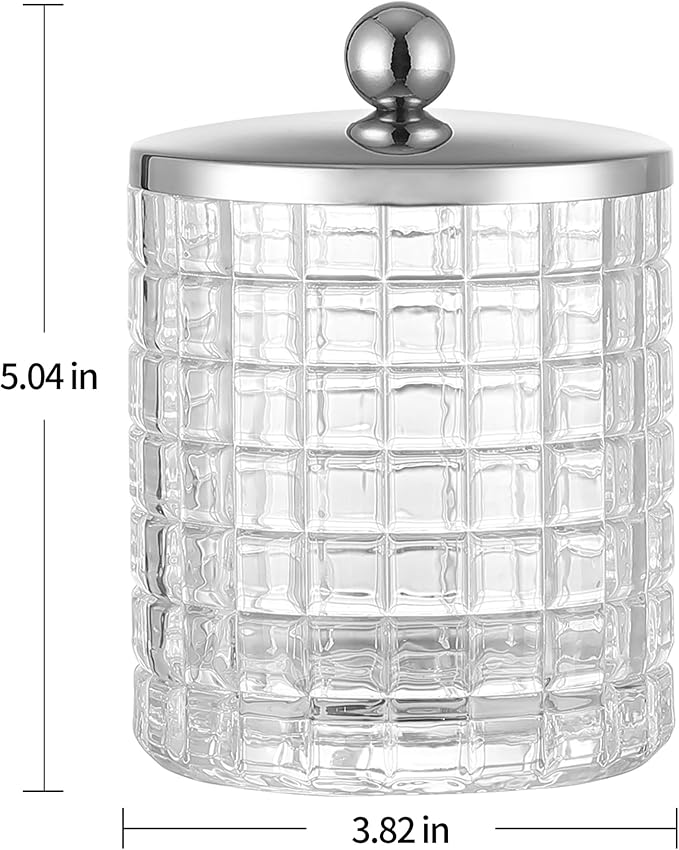Glass Cotton Jar Holder Silver Lid, Elegant Bathroom Storage Canister for Qtips, Cotton Balls, Floss, Makeup Organizer, Vanity Bathroom Organization