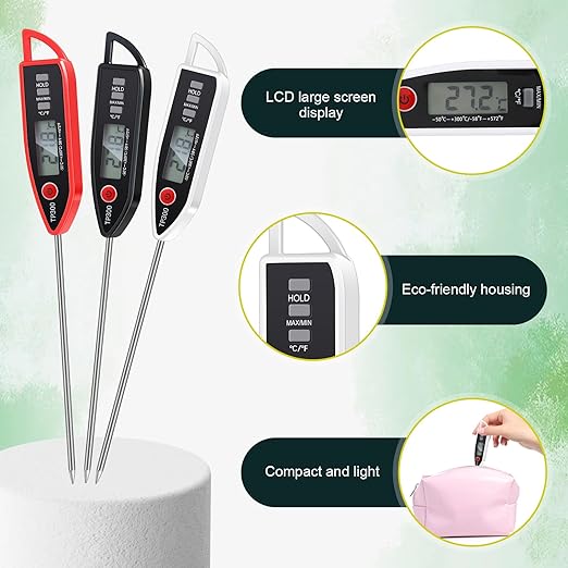 12 Set Waterproof Food Thermometer for Water, Liquid, Candle and Cooking Digital Meat Thermometer with Long Probe Instant Read for Kitchen BBQ Grill Candy (Black,White,Red)