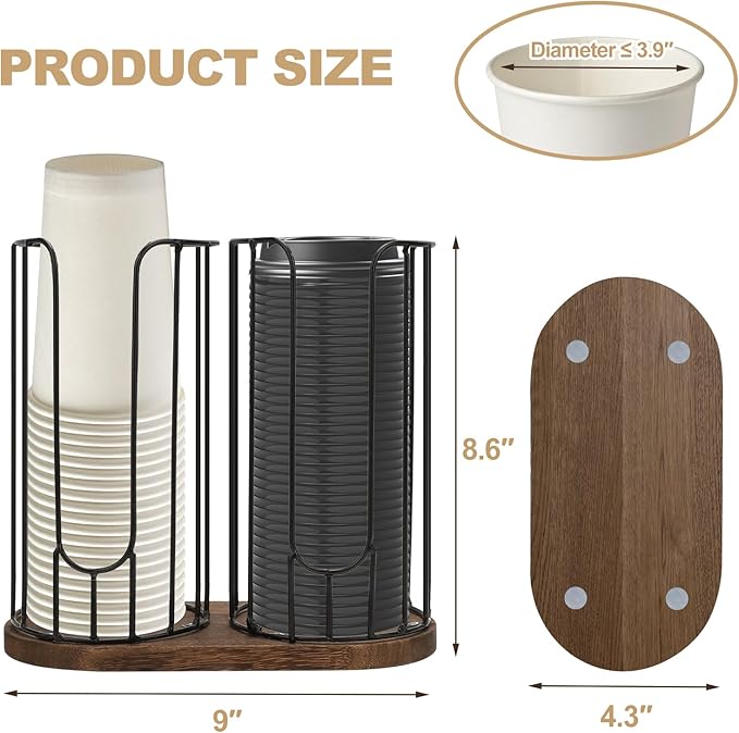 2-Compartment 18oz Coffee Cup Dispenser Rack with Wood Base, Disposable Cup, and Lid Organizer for Countertop - Perfect for Paper Cups, and Lid Organizer