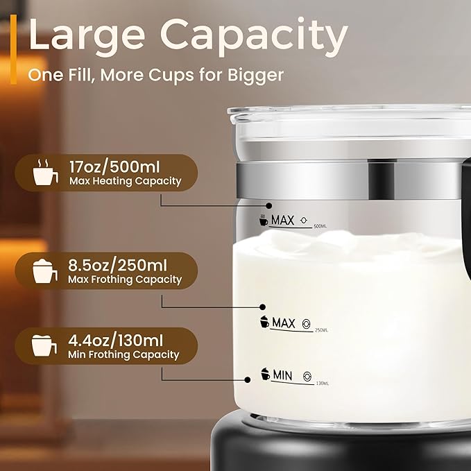 Milk Frother and Steamer, 6 in 1 Milk Steamer and Milk Warmer, 17oz Auto Shut Off Electric Frother with Touch Screen, Hot/Cold Foam Maker for Coffee, Latte, Cappuccino, Hot Chocolate