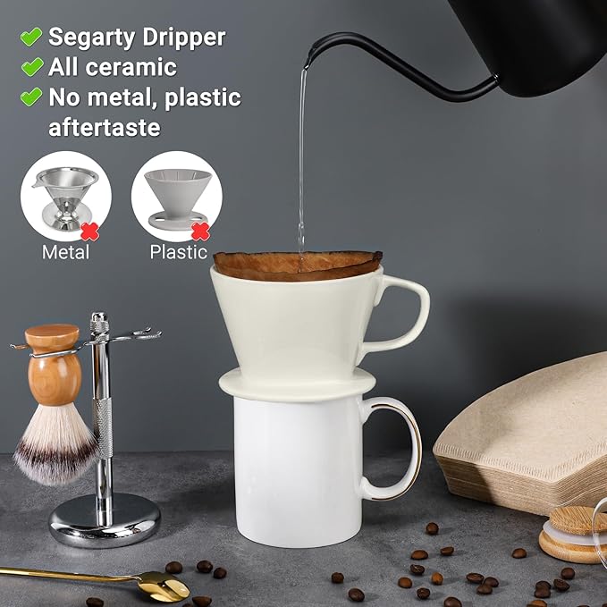 Segarty Pour Over Coffee Maker Set - Single Cup White Ceramic Coffee Dripper With 200 Pcs Size #2 Cone Filters, Slow Drip Manual Brewer for Home, Office, Travel, Camping