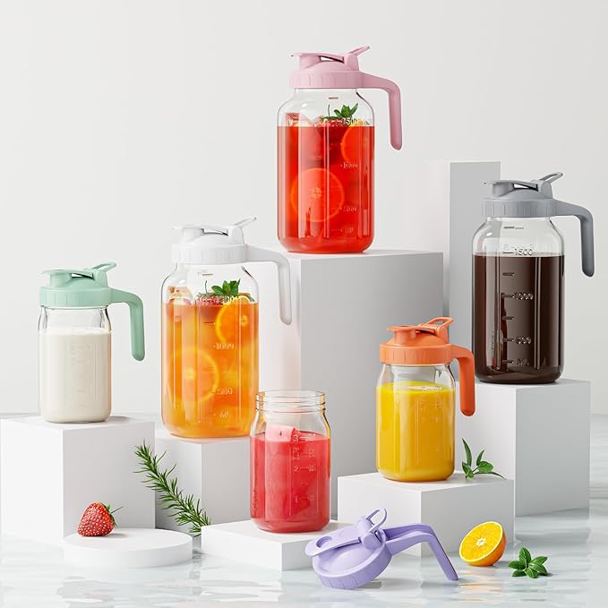 Breast Milk Pitcher Jug - 32 oz Glass Mason Jar Airtight Pitcher with Pour Spout Handle for Breastmilk, Iced Tea, Ice Drinks Storage Container