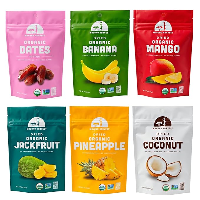 Mavuno Harvest Organic Dried Fruit Variety Pack | Dried Mango, Dates, Pineapple, Banana, Jackfruit, & Coconut | Healthy, Vegan, No Sugar Added, Non GMO Snacks for Kids & Adults | 2 Ounce, 6 Pack