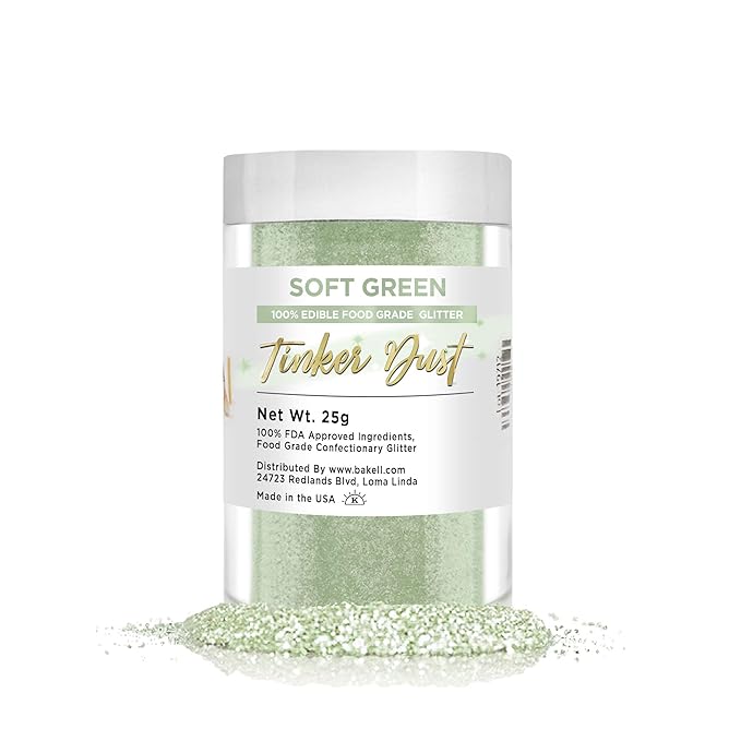 BAKELL Soft Green Edible Glitter, 25 Grams | TINKER DUST Edible Glitter | KOSHER Certified | 100% Edible Glitter | Cakes, Cupcakes, Cake Pops, Drinks, Dessert Vegan Glitter & Dusts (25g, Soft Green)