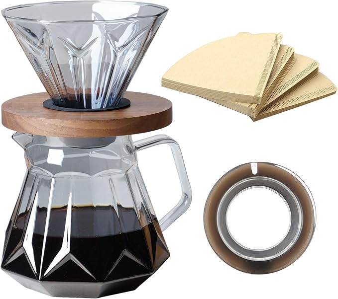 Pour Over Coffee Maker Set, 21 oz/620ml Glass Pour Over Coffee Dripper Filter Coffee Maker Kit Manual Grinder with Walnut Handle for Home Office Cafe Restaurant Camping (Grey)
