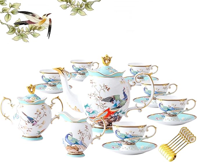 ACMLIFE Fine Bone China Tea Set with Teapot, Porcelain Tea Sets for Adults, 21-Piece Vintage Tea Set for 6, 24K Gold Blue English Floral British China Tea Sets for Women Tea Party for Gifts