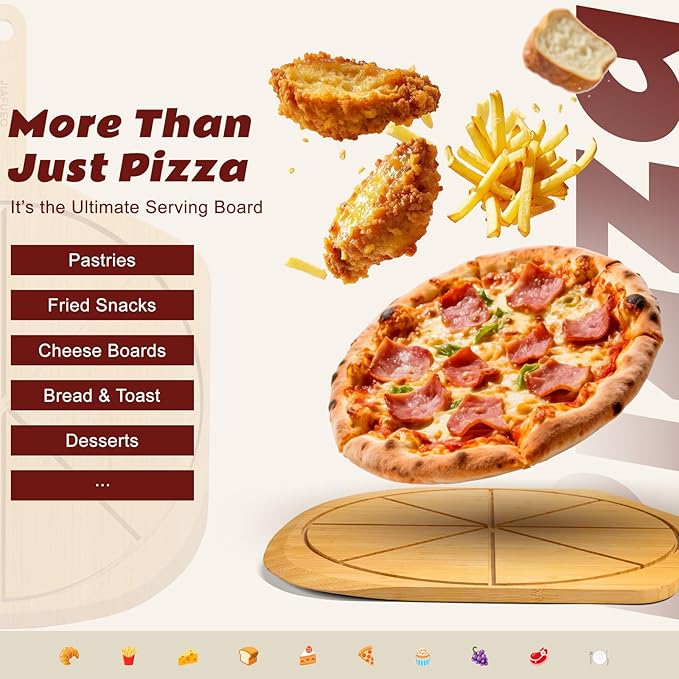 Wood Pizza Peel 16 Inch Pizza Paddle Spatula Serving Board Bamboo Pizza Cutting Boards with 8 Slice Grooves and Handle for Kitchen Oven Pastry Pizzas