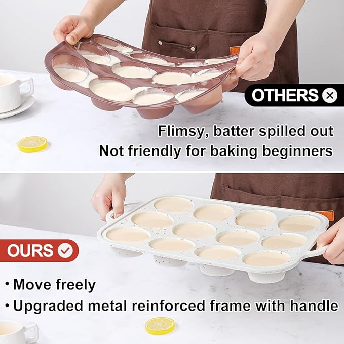 CAKETIME 12 Cups & 24 Cups Silicone Muffin Pan with Metal Frame, Regular & Mini Muffin Pan Set for Baking 2 Pack