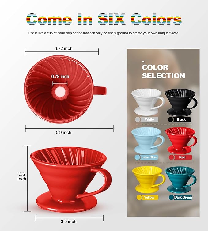 Pour Over Coffee Dripper - Ceramic Pour Over Coffee Maker Cone, Porcelain Coffee Drip, Pour Over Single Cup, Manual Brew Maker for Home, Cafe, Office - 1-4Cup, V60 Size 02 (Red)