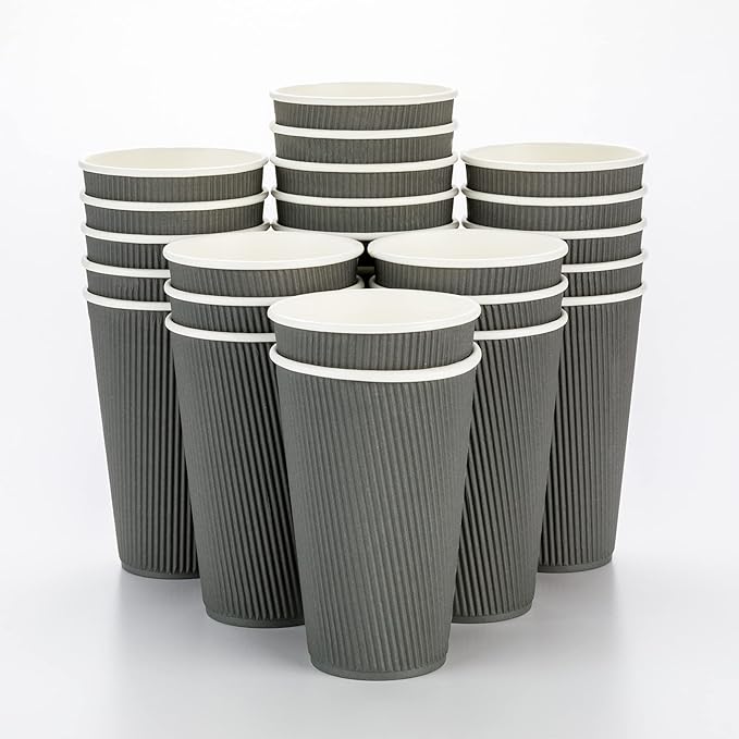 Restaurantware 16 Ounce Ripple Wall Disposable Coffee Cups, 500 Insulated Gray Paper Tumblers with Rolled Rim Design, Lids Sold Separately for Hot Drinks like Tea, Hot Chocolate and More