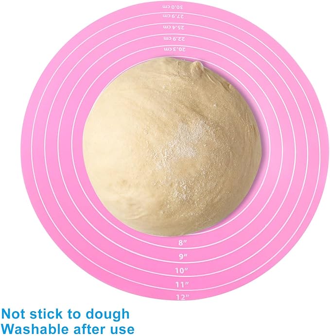 Hitefu 12 Inch Round Silicone Cake Mat, Silicone Baking Mat with Measurement for Cake Turntable & Rolling Dough (Pink)