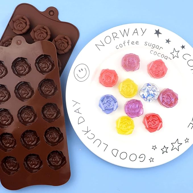 2PCS Rose Flower Chocolate Molds 15 Cavity Silicone Candy Molds Non-Stick Sweet Valentines Day Molds Gummy Ice Jelly Molds for Wax Melt Resin Casting Candles Soap
