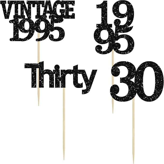 Gyufise 24Pcs Vintage 1995 Cupcake Toppers Cheers to 30 Fabulous Thirty Cupcake Picks Decorations for 30th Birthday Wedding Anniversary Party Supplies Black