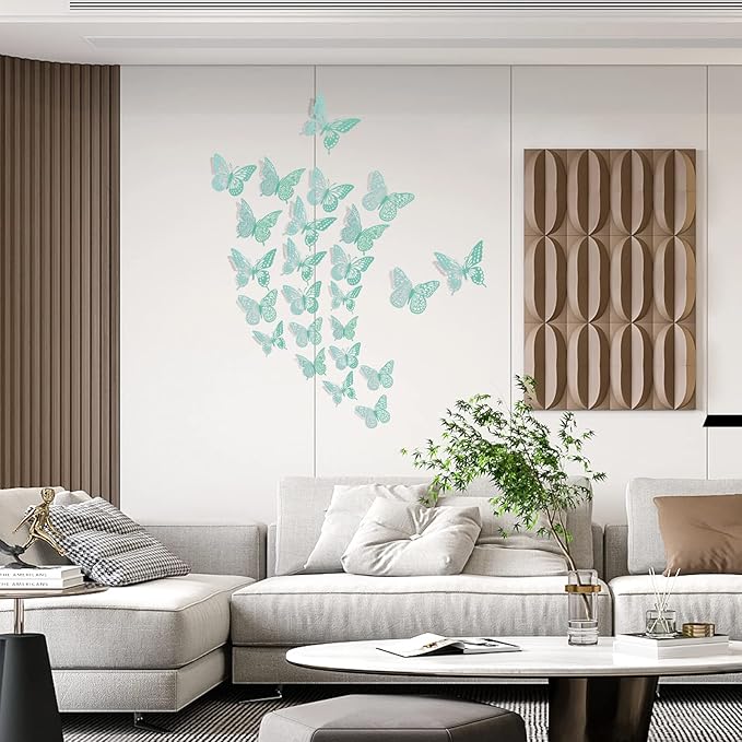 SAOROPEB 3D Butterfly Wall Decor 48 Pcs 4 Styles 3 Sizes, Butterfly Birthday Decorations&Butterfly Party Decorations&Butterfly Cake Decorations-Removable (Pale Turquoise)