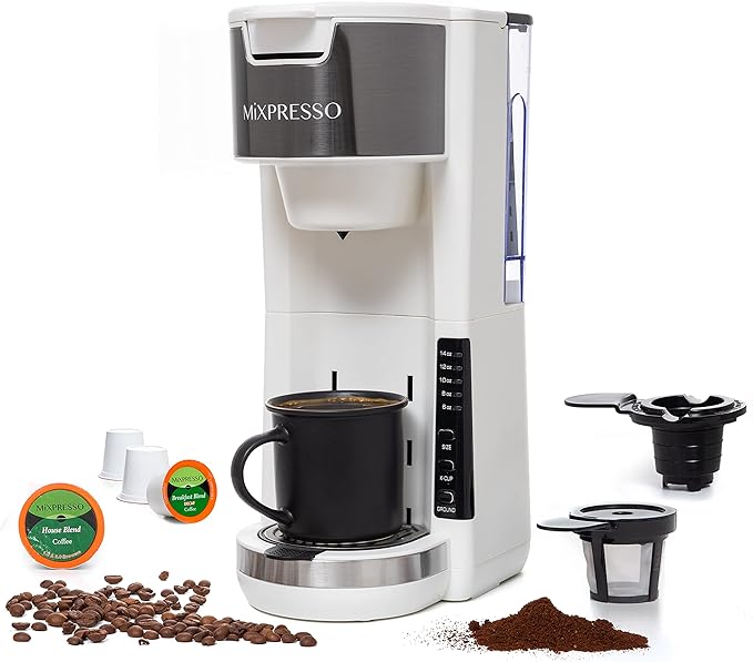Mixpresso White Single Serve Coffee Brewer K-Cup Pods Compatible & Ground, 30 oz Compact Coffee Maker Single Serve With 5 Brew Sizes Up To 14 Oz, Fits Travel Mug, Adjustable Drip Tray
