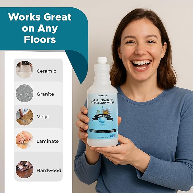 Steam & Go Demineralized Water - Multisurface Cleaner, PVC-Free Ready-to-Use for Mops & Floor Steamers - Ideal for Kitchen, Bathroom, & Home Surfaces - Clean Ocean Scent - 32oz (Pack of 1)