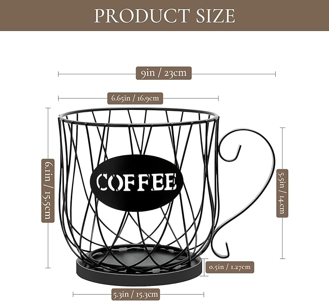 Coffee Pod Holder Organizer, Large Capacity K Cup Holder Organizer, Storage Basket for Kitchen Countertop Office Coffee Bar with Wooden Base(Rustic Black-Round)