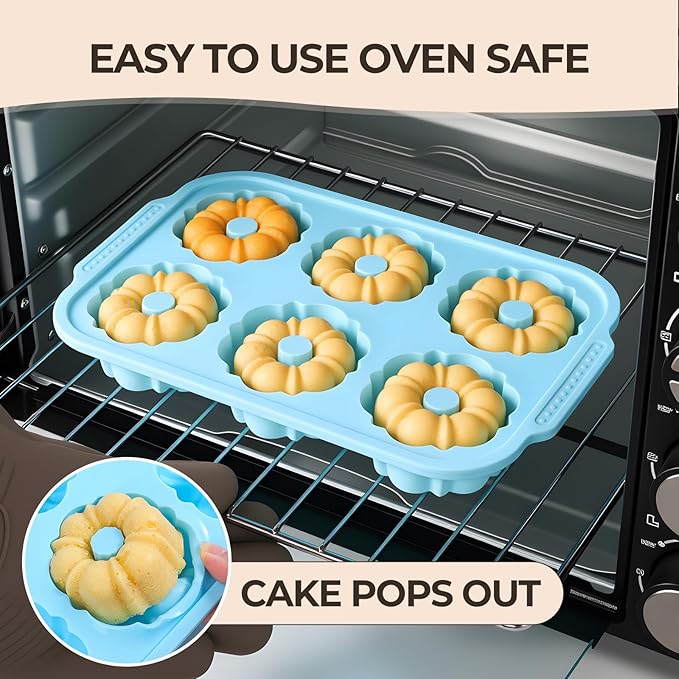 Mini Bundt Cake Pans for Baking, 2Pcs Silicone 6-Cavity Fluted Tube Cake Pan with Metal Reinforced Frame, Nonstick Baking Molds for Cupcake, Brownie, Donuts, Cornbread, Jello