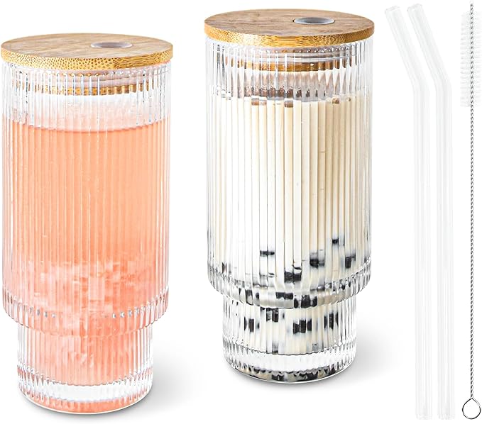 2 Pcs 16oz Glass Cups with Lids and Straws Ribbed Vintage Iced Coffee Glasses for Tea Iced Coffee Soda Cocktail Smoothie(Ribbed*2)