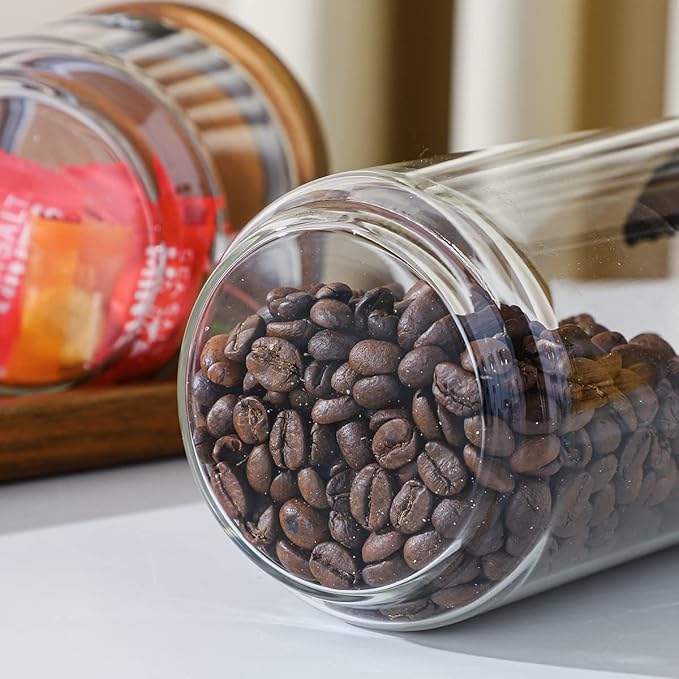 Glass Storage Jars with Wooden Lid Set of 3, 44 OZ High Borosilicate Glass Containers Kitchen Food Canisters s for Coffee Beans/Sugar/Noodles/Nuts/Cookies/Pasta