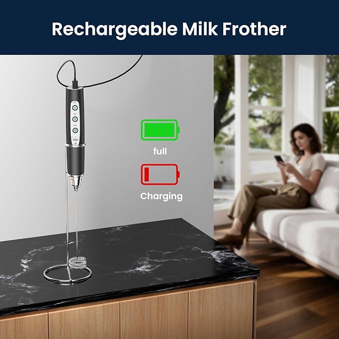 Milk Frother with Stand Rechargeable-Handheld Coffee Frother with 3 Stainless Whisks 3 Speed Adjustable, Electric Whisk Drink Mixer, Foam Maker Blender for Matcha Latte Cappuccino Chocolate