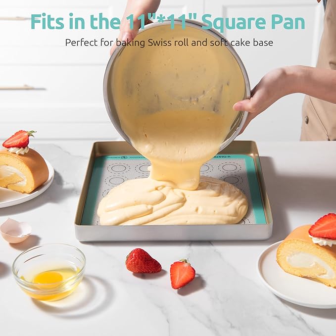 446ºF Heat Resistant Macaron Mat: U-Taste 11x11in Non Stick Silicone Baking Mat, Reusable Cookies Pastry Sheet Liner with Edge Enhancement & Circle Measurement for Square Cake Pan (Aqua Sky)