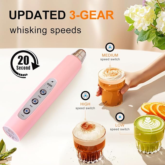 YUSWKO Pink Milk Frother Handheld with 3 Heads, Coffee Whisk Drink Foam Mixer with USB Rechargeable 3 Speeds, Electric Hand Frother for Latte, Cappuccino, Hot Chocolate, Egg