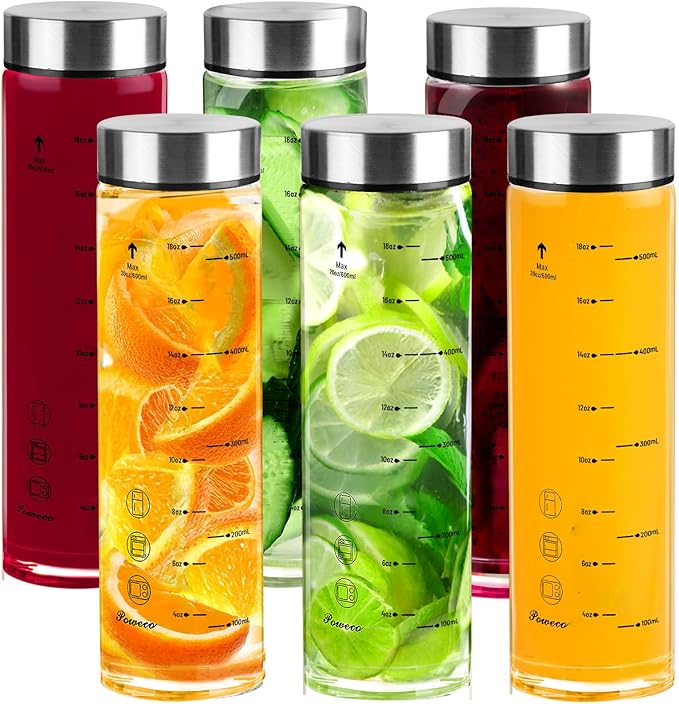 Glass Juice Bottles 6 Pack 20 oz - Wide Mouth Glass Water Bottles with Lids - for Juicing, Protein, Smoothie, Milk, Reusable, BPA Free, Stainless Steel Lids, Blender, Shaker Bottle [20oz/600ml]