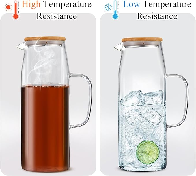 Hsei 2 Sets Glass Pitcher with Lid, 67.6 oz / 2000 ml Water Carafe with Handles Hot Cold Beverage Water Jar Glass Jug for Tea Juice Milk Coffee Iced Beverage(2l)
