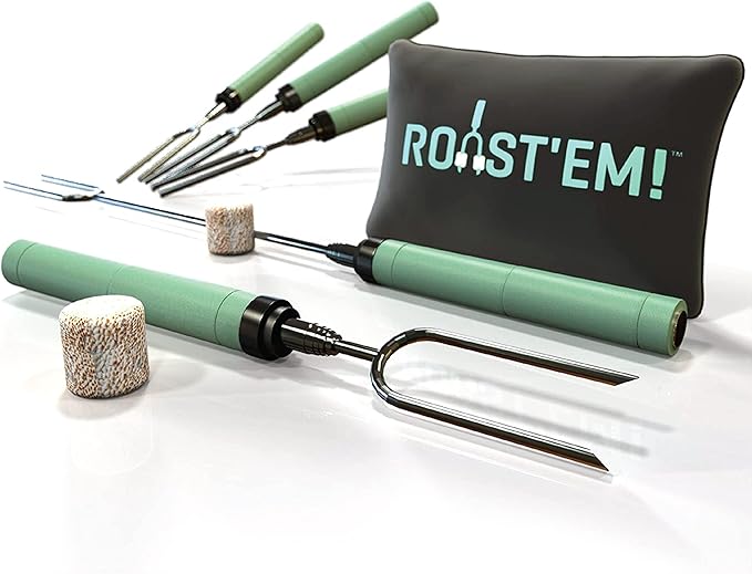Jolly Green Products Rotating Marshmallow Roasting Sticks for Campfire & Bonfire | Extra Long Hot Dog & Smores Sticks for Fire Pit | Camping Smores Kit | Retractable Campfire Skewers | Set of 5