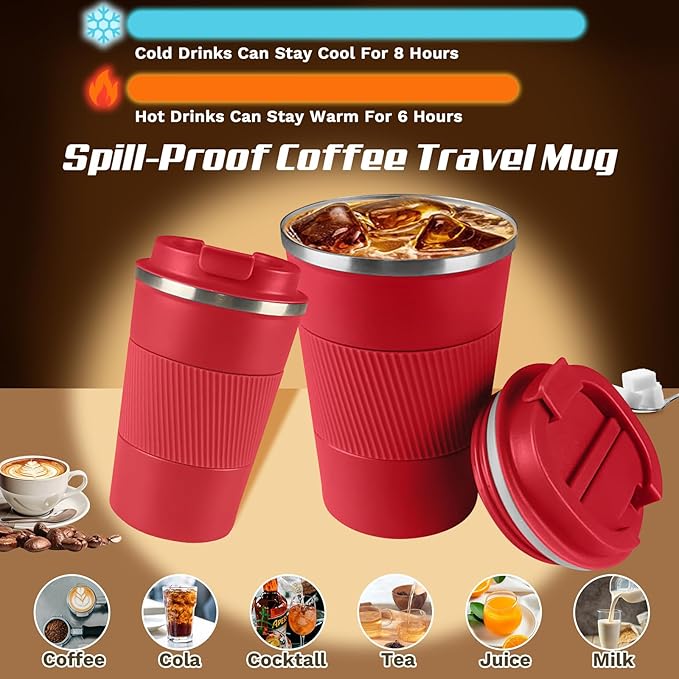 Vacuum-Insulated Stainless Steel Travel Coffee Mug, Leak-Proof Reusable Coffee Cup with Lid - Keep Hot & Cold Drinks for Hours, Durable Thermos Tumbler for Men & Women (3rd-Red, 17OZ)