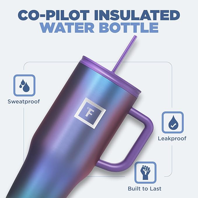 IRON °FLASK Co-Pilot Insulated Mug w/Straw & Flip Cap Lids - Cup Holder Bottle for Hot, Cold Drink - Leak-Proof - Water, Coffee Portable Travel Mug -, 32 Oz