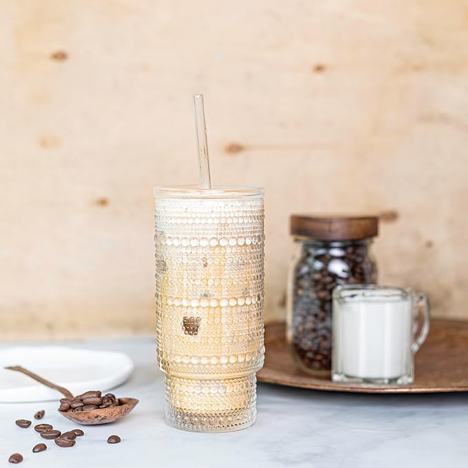 All Glass Hobnail Tumbler with Glass Lid and Straw, Beaded Style Set of 2 (16 oz Hobnail)