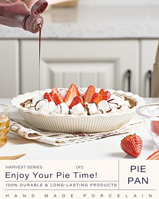 getstar Ceramic Pie Pan, 9 inch Pie Dish for Baking, Non-Stick, Oven & Dishwasher Safe, Farmhouse Decor Quiche Baking Dish, Pie Plate, Deep Dish Pie Pan (Embossed Stripes)