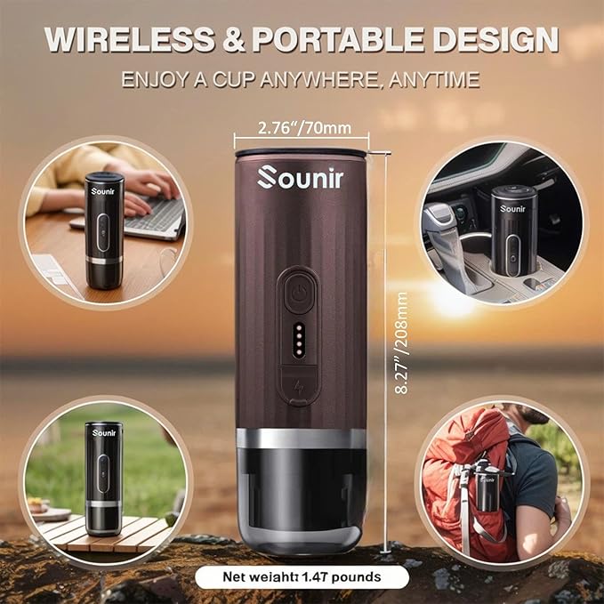 Portable Espresso Machine, Travel Coffee Maker for Camping, Outdoor, Office, Self Heating Type C Charger, NS Capsule & Ground Coffee, For Travel, Outdoor, Hiking, Office,(Dark Grey)