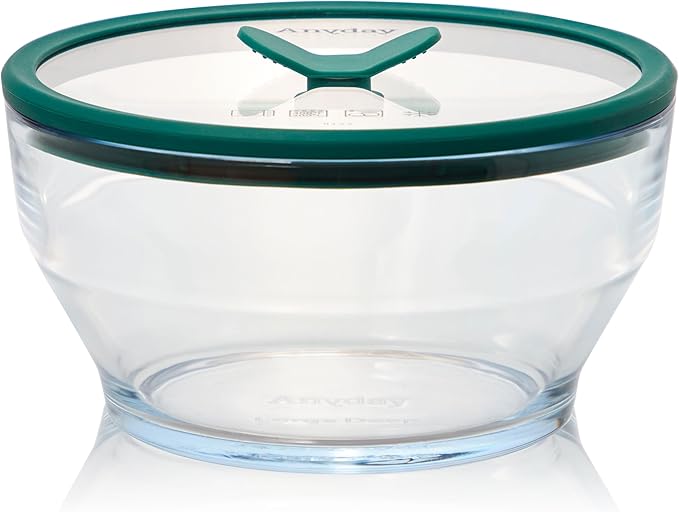 Anyday 8-Cup Glass Food Storage with Glass Lid, Round Deep Dish | Plastic-Free Meal Prep & Microwave Cookware | Stackable Airtight Storage Container with Vented Lid for Microwave-Safe Reheating