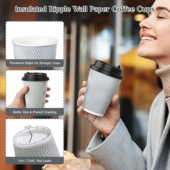 MUCHII 12 oz Disposable Coffee Cups, 100 Count Insulated Ripple To Go Cups With Lids and Straws for Tea, Hot Chocolate, and Drinks
