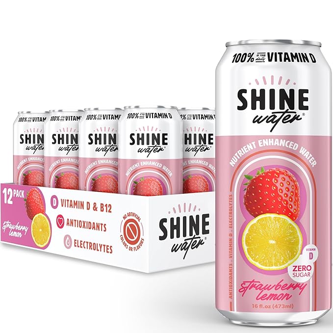 ShineWater Strawberry Lemon Vitamin D Electrolyte Drink | Zero Sugar Hydration Beverage with Magnesium, Zinc & Antioxidants | Low Calorie Plant-Based Vitamin Water | 12 Pack
