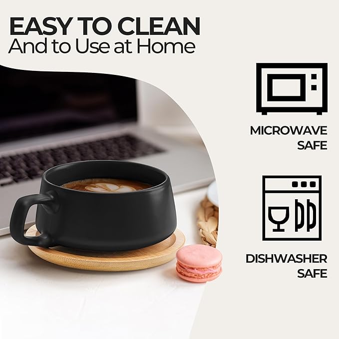 MIAMIO – 11 Oz., Set of 4 Ceramic Tea Cup and Saucer Bamboo/Tea Mug - Wide Cappuccino Cup, Coffee Cups Ceramic Mug for Cappuccino, Latte, Espresso & Americano - Luxe Collection (Black)