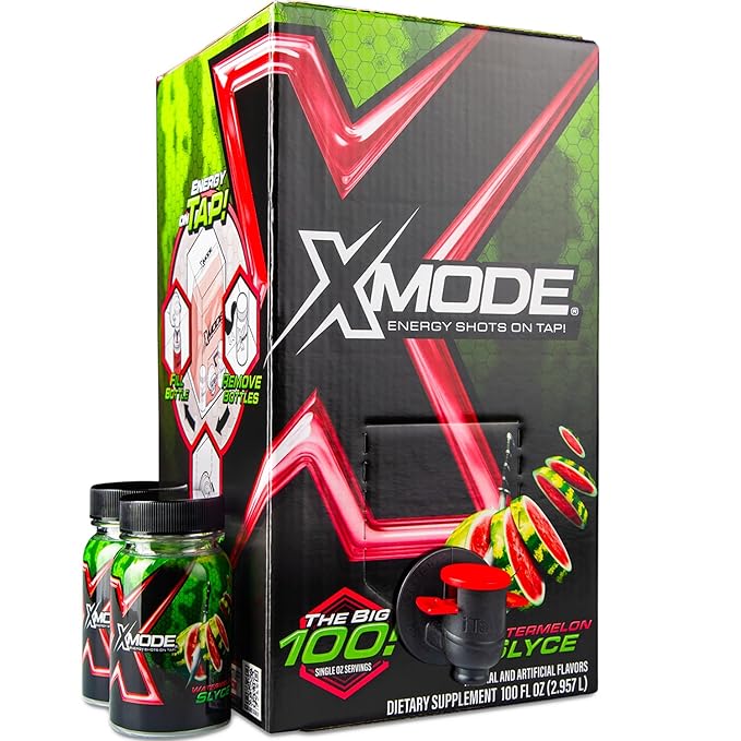 XMODE Energy Shots on Tap (Watermelon Slyce Flavor) – 100 Serving Dispenser with Refillable Bottles for On-Demand Energy at 150mg Caffeine Per Oz
