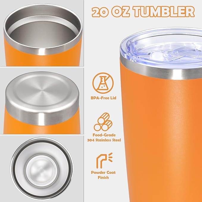 20oz Tumbler Bulk Stainless Steel Tumbler Cup with Lid Vacuum Insulated Double Wall Travel Mug, Durable Powder Coated Travel Coffee Tumbler Mug for Hot & Cold Drinks, Orange,12 Pack