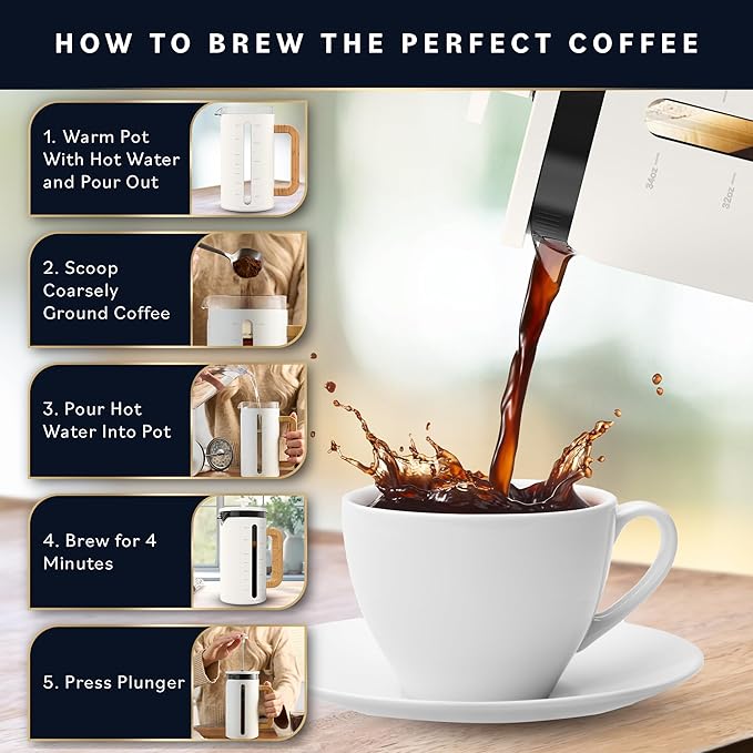 Home Hero French Press Coffee Maker - 34 oz Coffee Press with Bamboo Wood Handle, Heat Resistant Thick Borosilicate Glass French Presses, 4 Layer Filter, French Press Stainless Steel (Light Cream)
