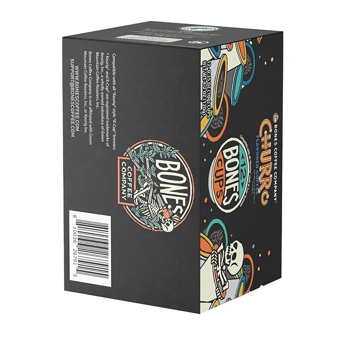 Bones Coffee Company Churro Flavored Coffee Pods, Low Acid Medium Roast Single-Serve Bones Cups, Compatible with 1.0 & 2.0 K-Cups Brewers Coffee Maker, 12 Count