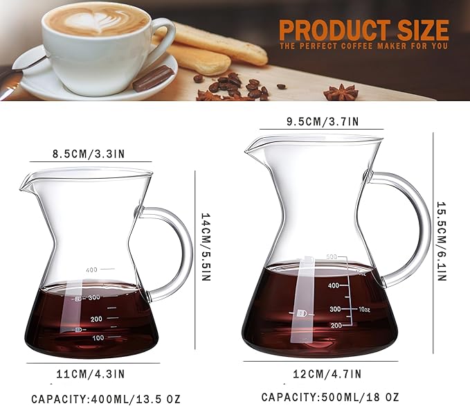 Pour Over Coffee Maker with Reusable Stainless Steel Drip Filter, Glass Drip Coffee Maker Set, Lead-Free Borosilicate Glass Coffee Carafe for 1-4Cup, Clear (500ml/17oz)