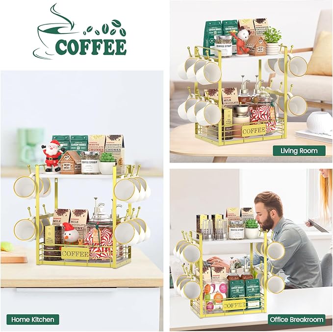 EsLuker.ly Coffee Bar Station Organizer Mug Cup Holder Stand for Countertop, Multi-Functional 2 Tier Mug Tree Rack for Kitchen, Storage Shelf with 12 Hooks, White-Gold