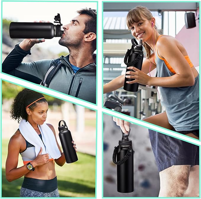 40OZ Insulated Water Bottle with Auto Spout Lids, Straw Lids, Paracord Handle for Sport, Protective Cup Mat, BPA-Free Reusable Insulated Water Bottle - Black Water Jug with Straw