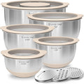 Mixing Bowles Set with Lids Set - Warp-Proof TPR-AS Lids, Stainless Steel Mixing Bowl with 3 Graters & Measuring Lines, Non-Slip Bowls for Baking, Prep, Airtight Food Storage (Khaki 5/3/2/1.5/0.63QT)