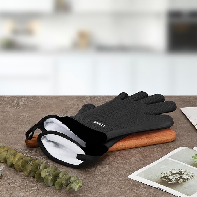 Kitchen Oven Gloves - Dual-Layer Heat Resistant Grilling Gloves, Silicone Oven Mitts with 5 Fingers, Waterproof Non-Slip Pot Holder for Barbecue, Cooking, Baking (XL-XXXL, Black Long)