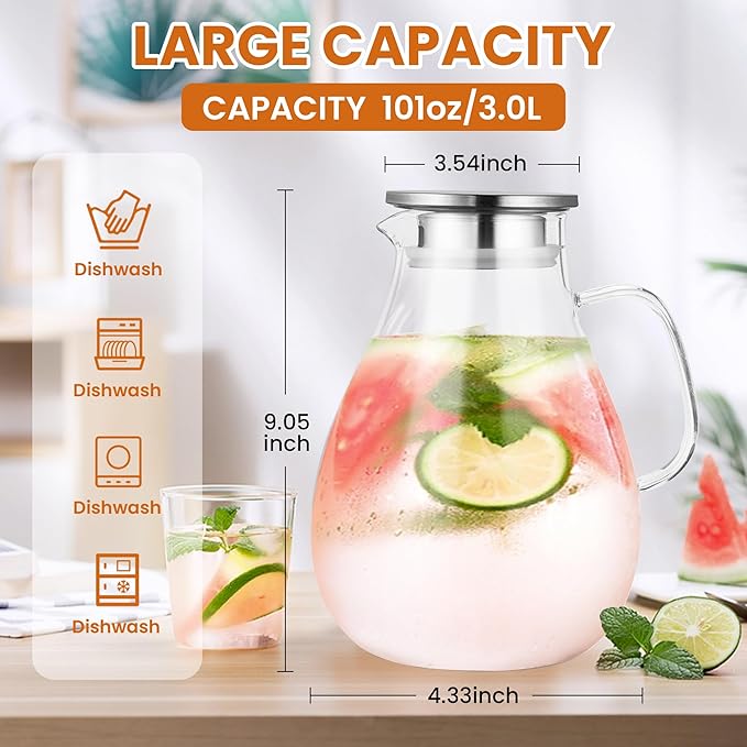 SUSTEAS 3 Litre 101oz Glass Pitcher Jar with Lid and Nozzle, 3.17Quart Cold/Hot Water Glass Water Bottle, Ice Tea for Refrigerator, Large Water Jar for Juice, Milk, Coffee or Homemade Drinks
