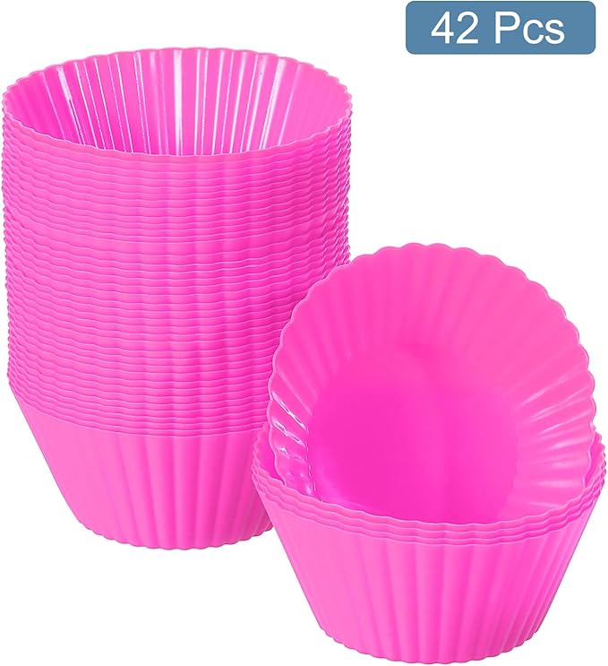 uxcell 42Pcs Silicone Cupcake Liners, Non-Stick Baking Cups, for Cooking Eggs, Baking Muffins and Make a Cake(Rose Red)